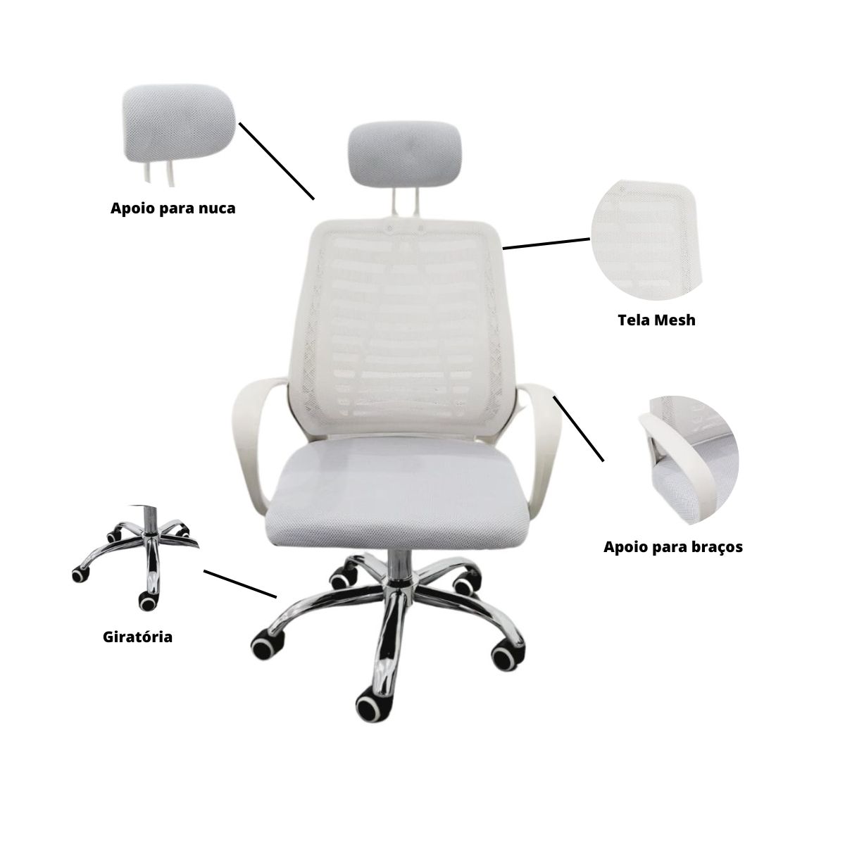 Kit 3 Cadeiras de Escritorio Esteirinha Tela Mesh Branco