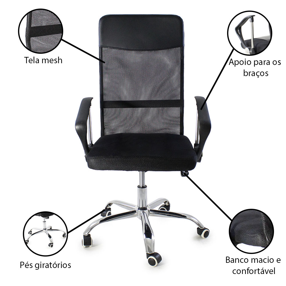 Kit 3 Cadeiras de Escritorio Nagano Tela Mesh Ergonômica - Preto