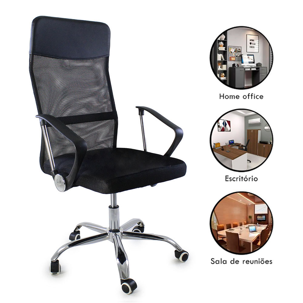 Kit 3 Cadeiras de Escritorio Nagano Tela Mesh Ergonômica - Preto