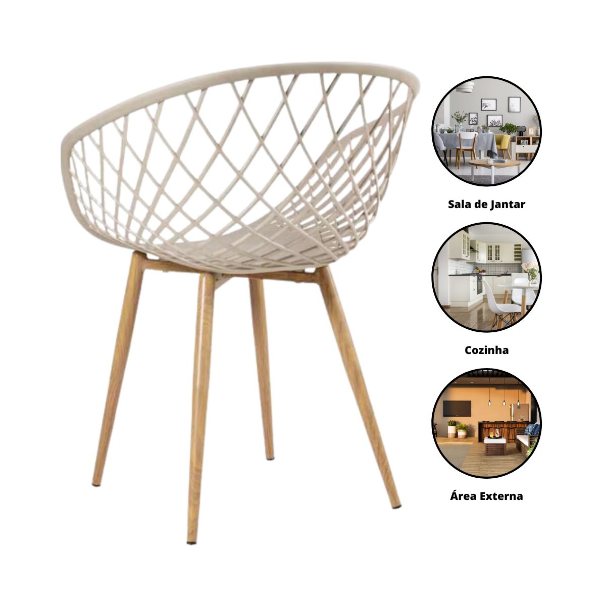 Kit 5 Cadeiras Clarice Nest Wood Com Apoio de Braço Bege