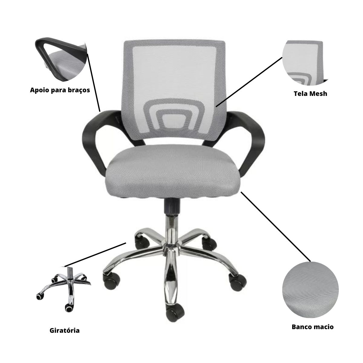 Kit 5 Cadeiras de Escritório Begonia Mesh Ergonômico Cinza