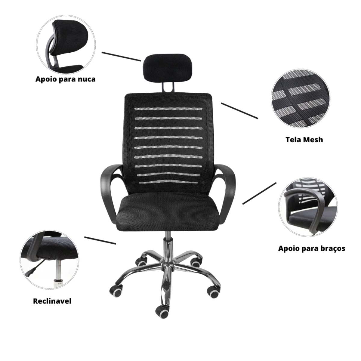 Kit 5 Cadeiras de Escritório Secretaria Diretor Roma Ergonômica com apoio de Nuca
