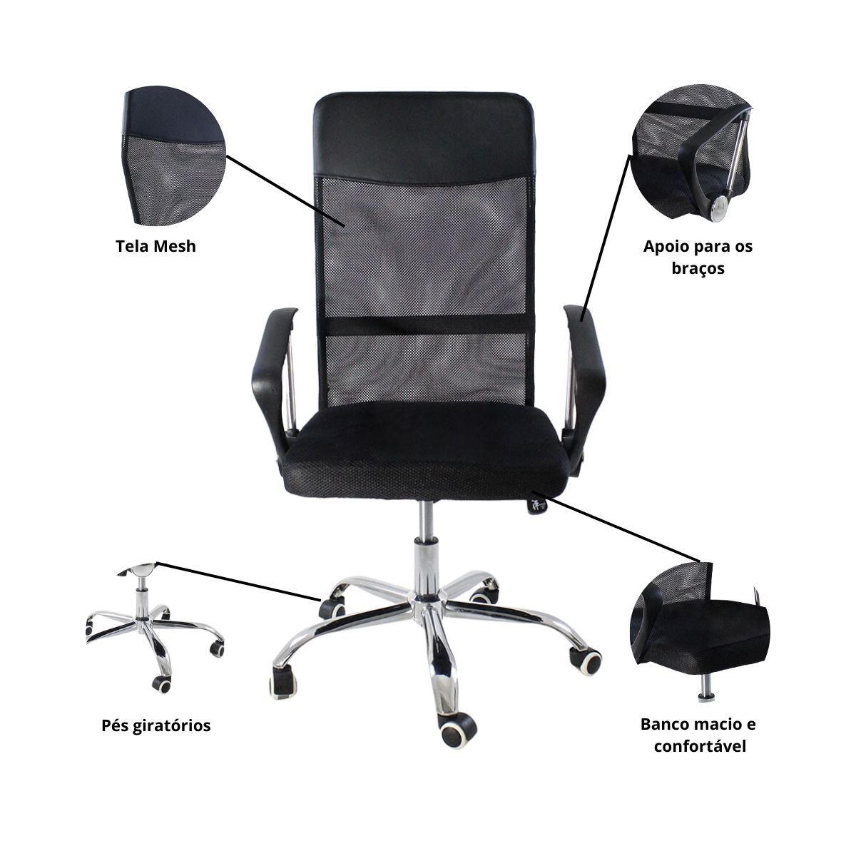 Kit 5 Cadeiras de Escritorio Nagano Tela Mesh Ergonômica - Preto
