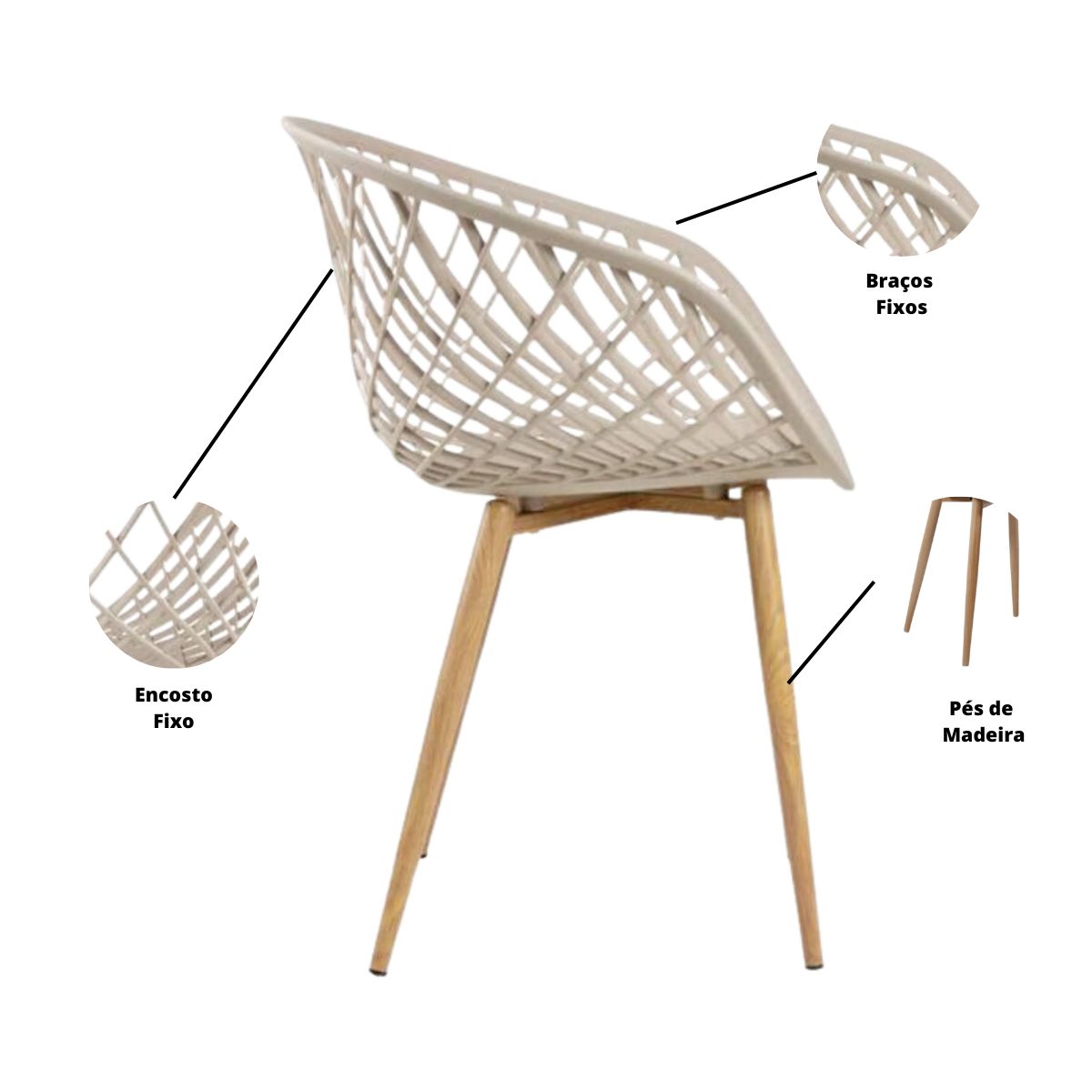 Kit 6 Cadeiras Clarice Nest Wood Com Apoio de Braço Bege