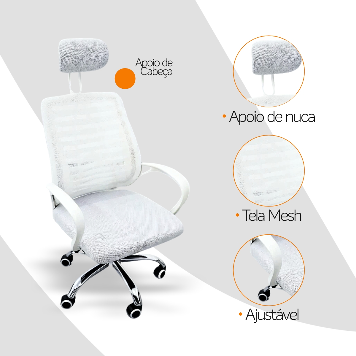 Kit 6 Cadeiras Escritório Diretor Mesh Encosto Cabeça Branco