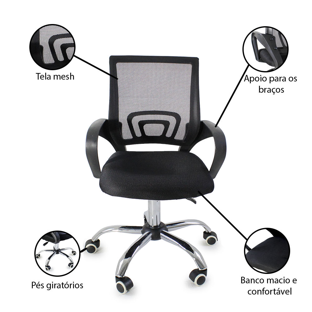 Kit 6 Cadeiras de Escritorio Begonia Tela Mesh Ergonomica - Preto