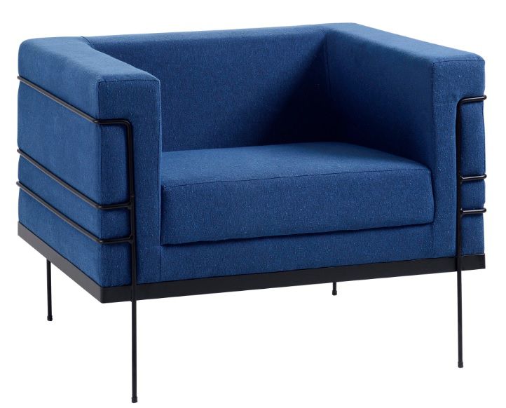 Poltrona Le Corbusier Linho Azul Marinho Base Aço Preto - OOCA Móveis