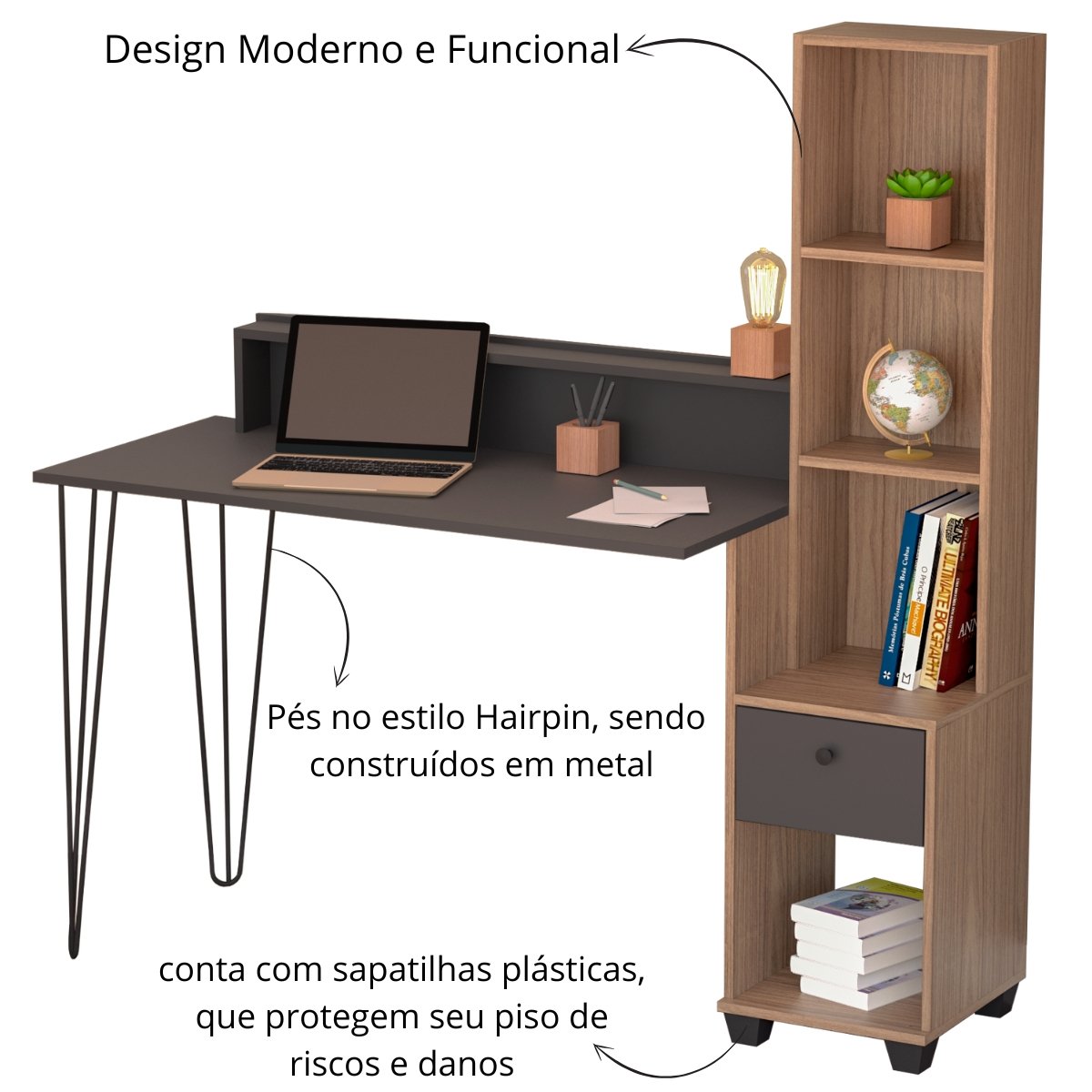 Escrivaninha Hairpin com Estante Nichos e Gaveta Champagne / Preto