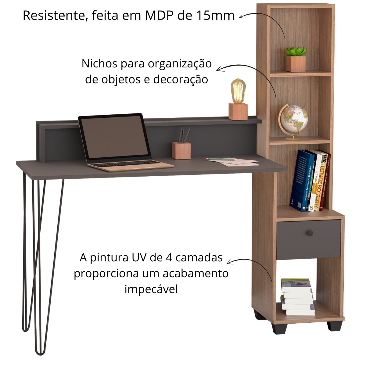 Escrivaninha Hairpin com Estante Nichos e Gaveta Champagne / Preto