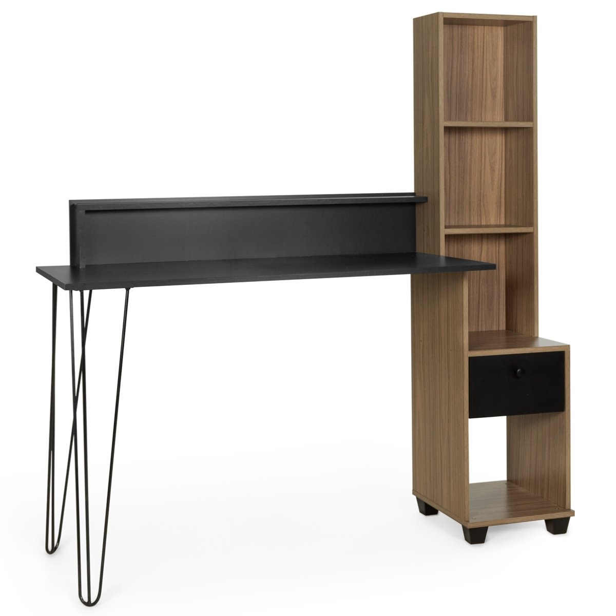 Escrivaninha Hairpin com Estante Nichos e Gaveta Champagne / Preto