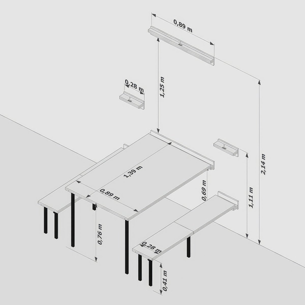 Kit Mesa Dobrável Retrátil De Parede 140cm Com Bancos Branco/Noronha