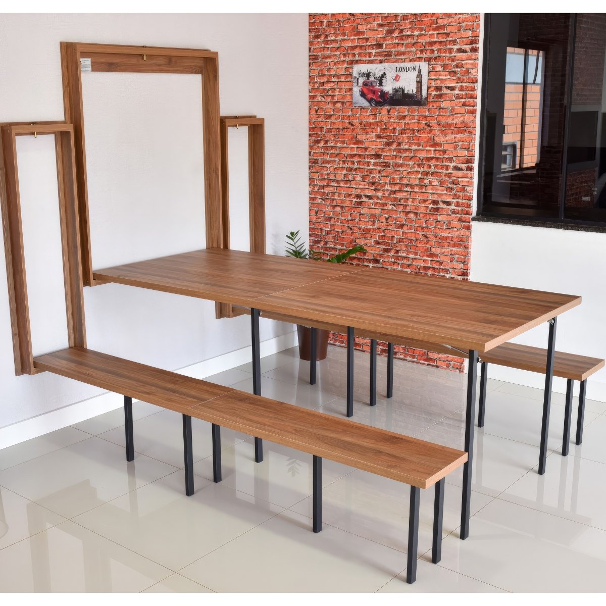 Kit Mesa Dobrável Retrátil De Parede 9 Lugares Com Bancos (2,15m) Noronha