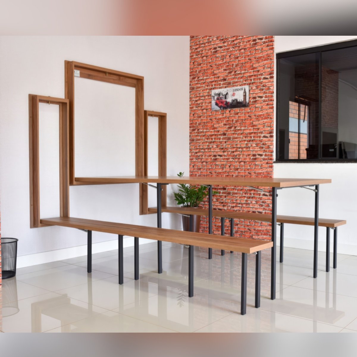Kit Mesa Dobrável Retrátil De Parede 9 Lugares Com Bancos (2,15m) Noronha