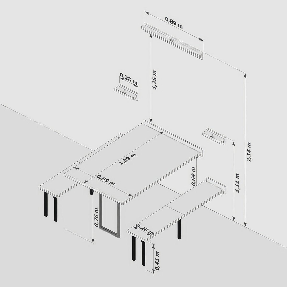 Kit Mesa Dobrável Retrátil de Parede INOX Com Bancos 1,40m Branco/Noronha