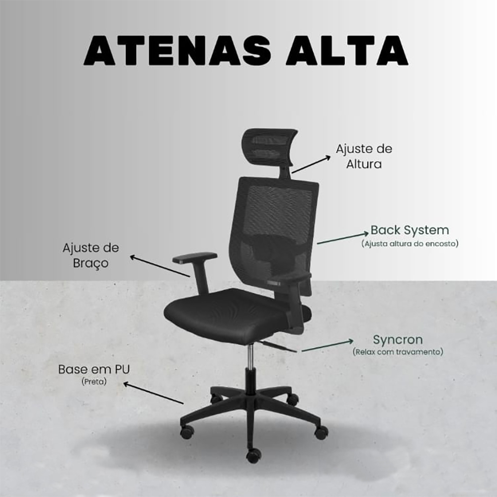 Cadeira de Escritório Atenas Alta - Preta