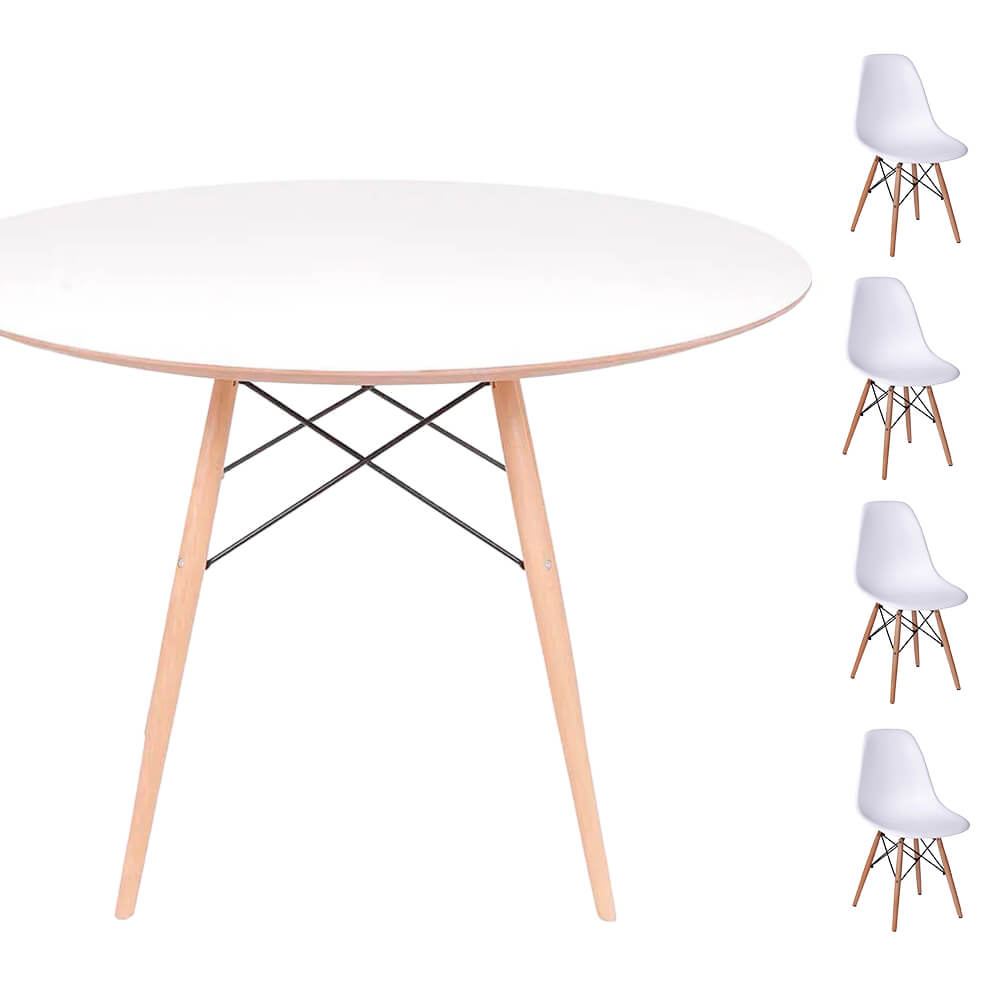 Conjunto Mesa Eames Eiffel DSW Redonda Branca 120cm + 4 Cadeiras Eames DSW - Branca