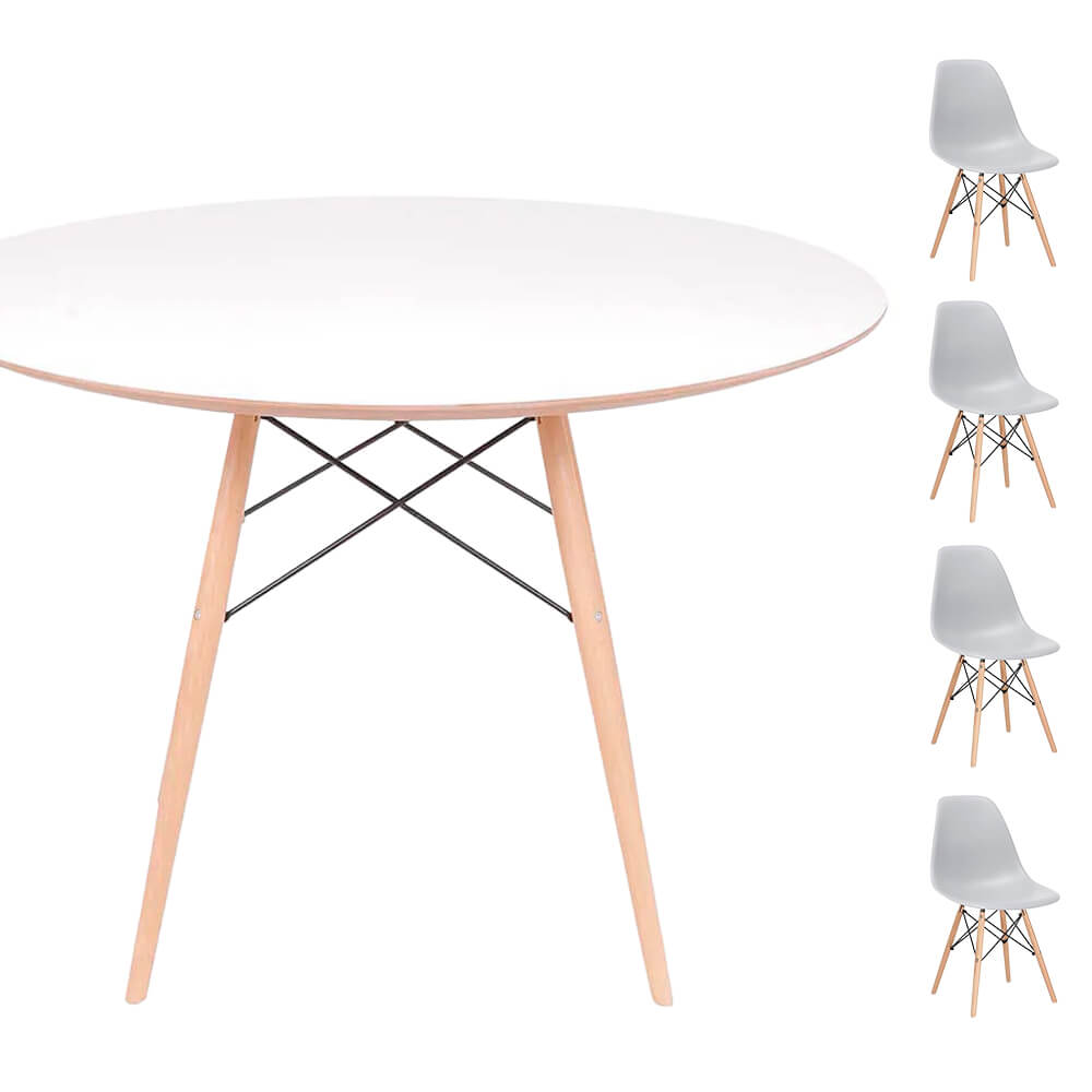 Conjunto Mesa Eames Eiffel DSW Redonda Branca 120cm + 4 Cadeiras Eames DSW - Cinza