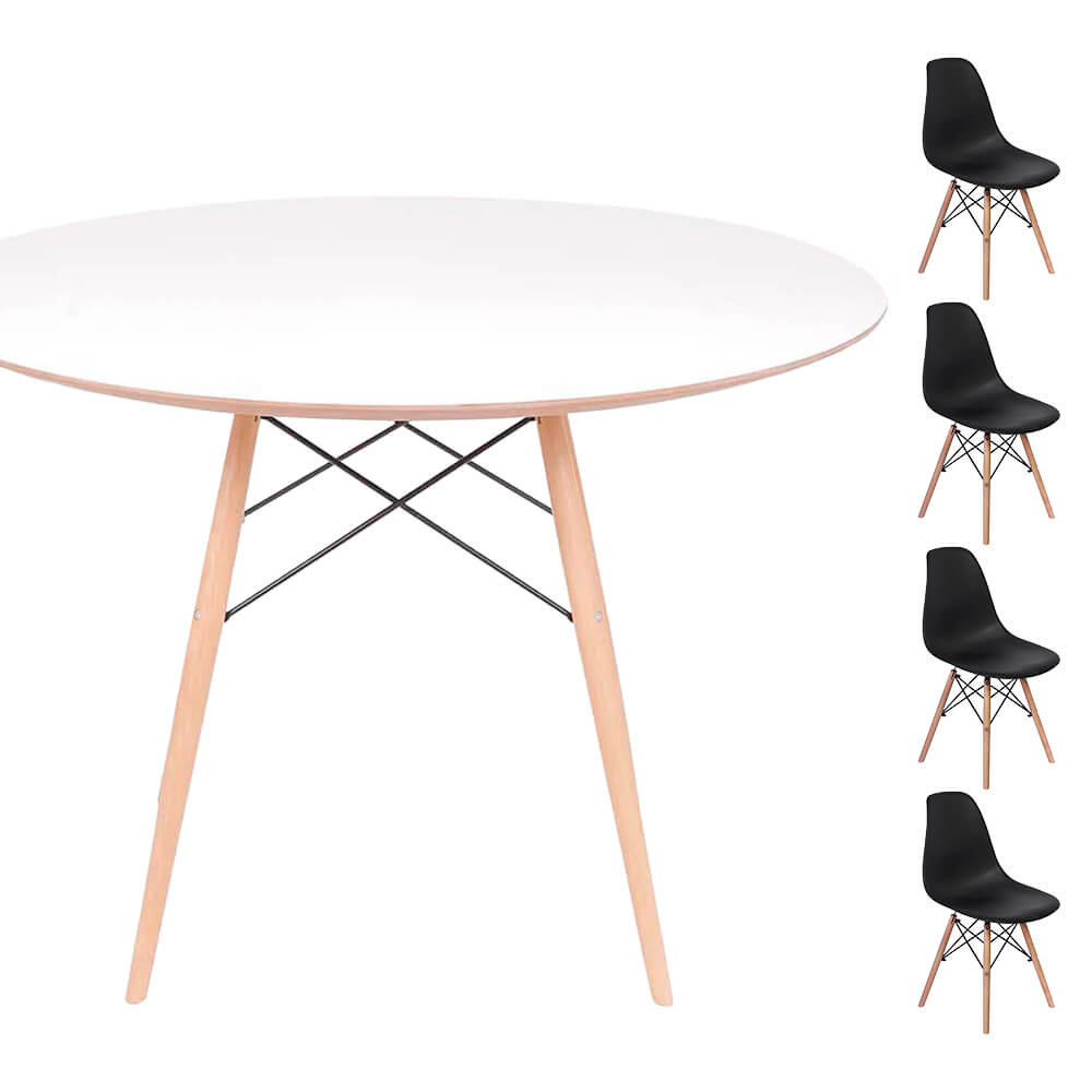 Conjunto Mesa Eames Eiffel DSW Redonda Branca 120cm + 4 Cadeiras Eames DSW - Preta