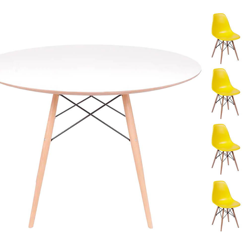 Conjunto Mesa Eames Eiffel DSW Redonda Branca 90cm + 4 Cadeiras Eames DSW - Amarela