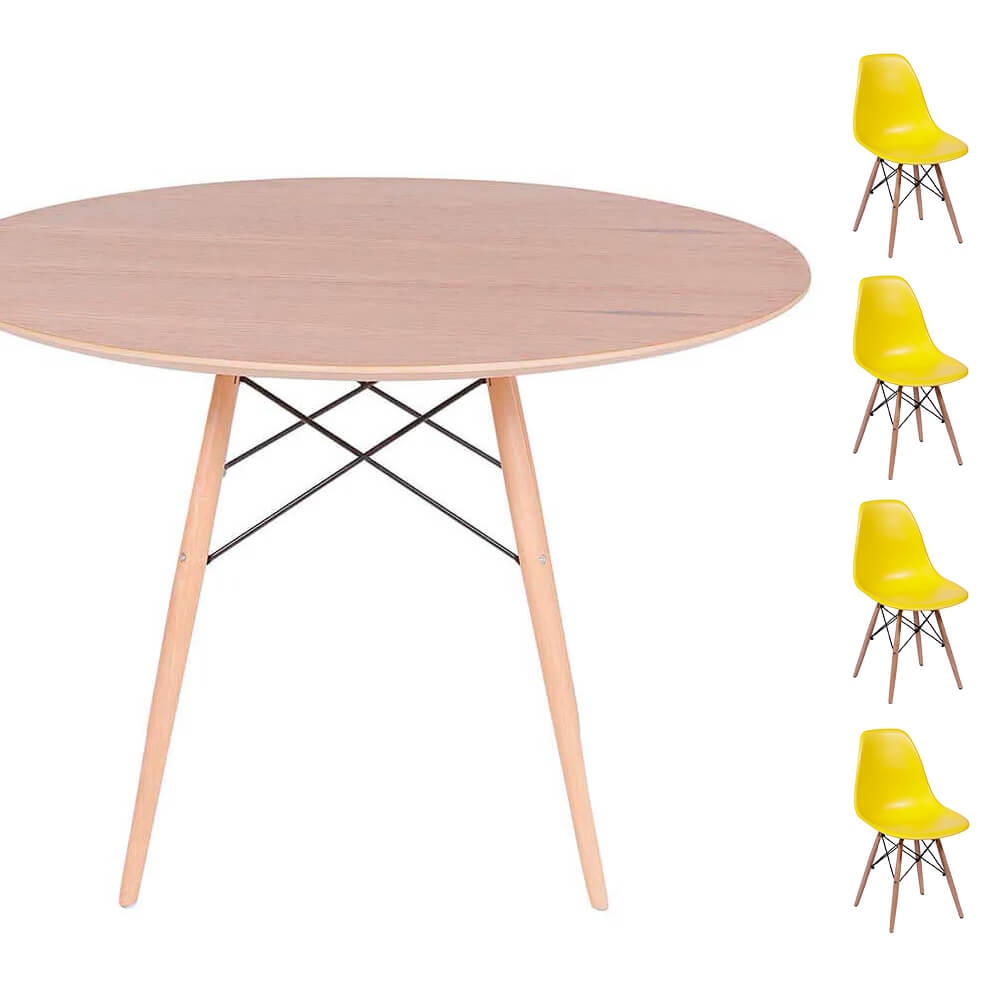 Conjunto Mesa Eames Eiffel DSW Redonda Freijó 120cm + 4 Cadeiras Eames DSW - Amarela