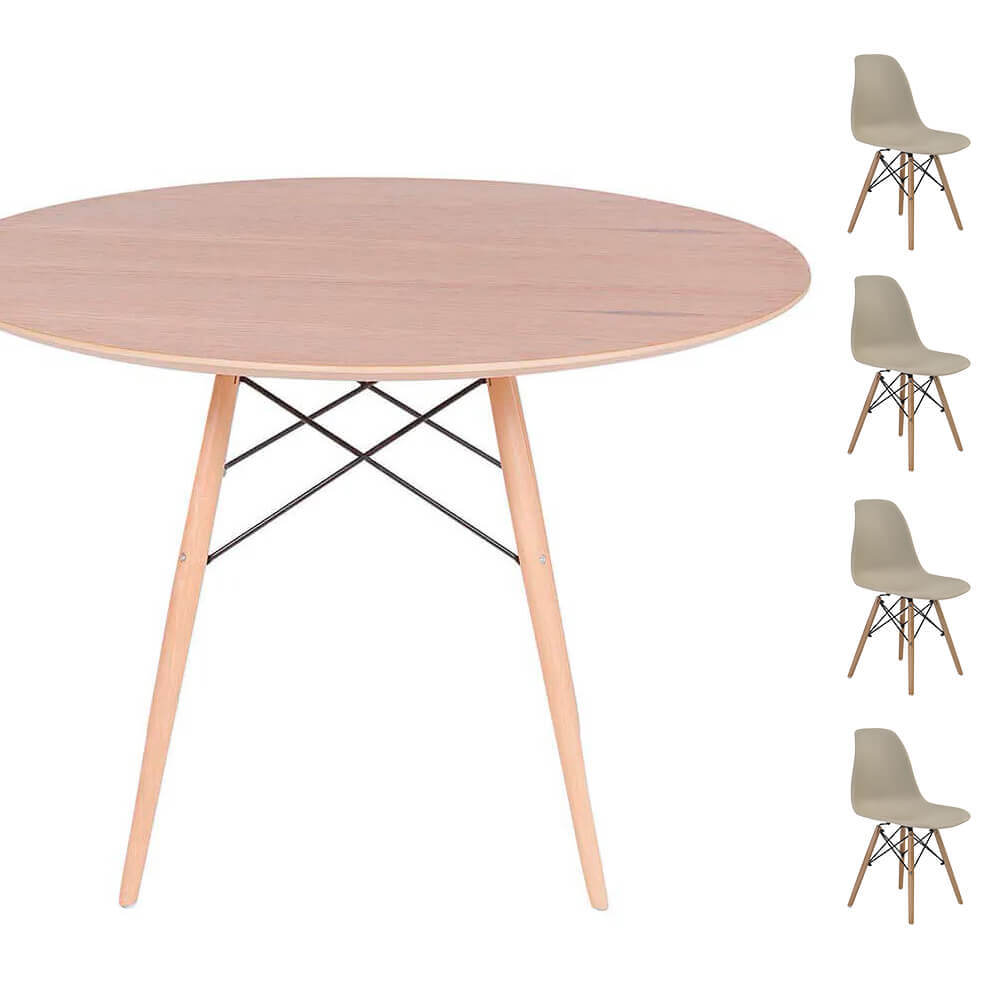 Conjunto Mesa Eames Eiffel DSW Redonda Freijó 120cm + 4 Cadeiras Eames DSW - Fendi