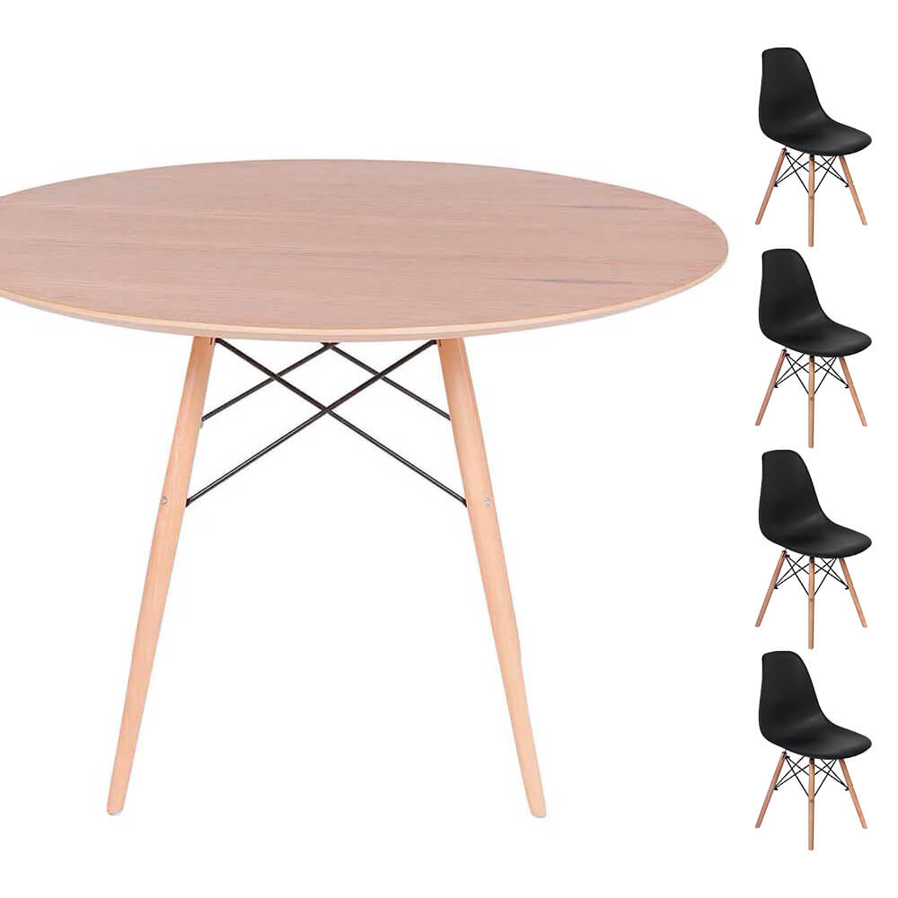 Conjunto Mesa Eames Eiffel DSW Redonda Freijó 120cm + 4 Cadeiras Eames DSW - Preta