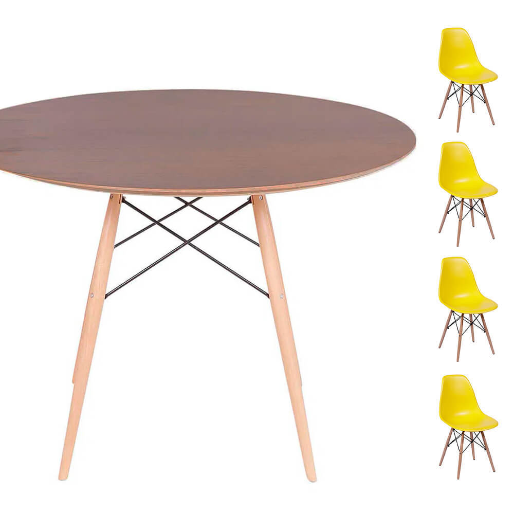 Conjunto Mesa Eames Eiffel DSW Redonda Imbuia 120cm + 4 Cadeiras Eames DSW - Amarela