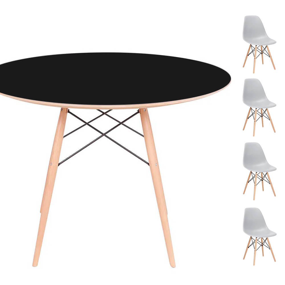 Conjunto Mesa Eames Eiffel DSW Redonda Preta 120cm + 4 Cadeiras Eames DSW - Cinza