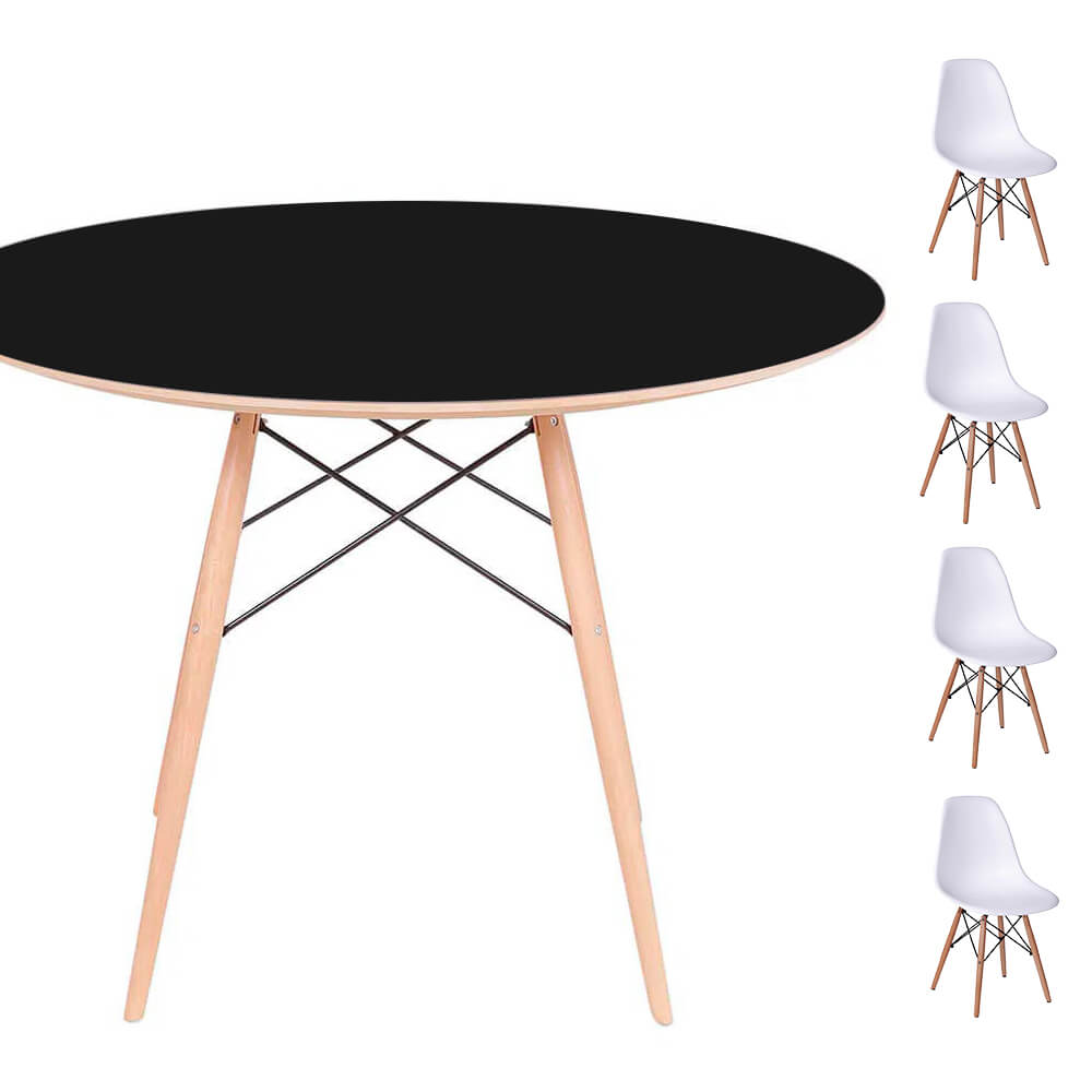 Conjunto Mesa Eames Eiffel DSW Redonda Preta 90cm + 4 Cadeiras Eames DSW - Branca