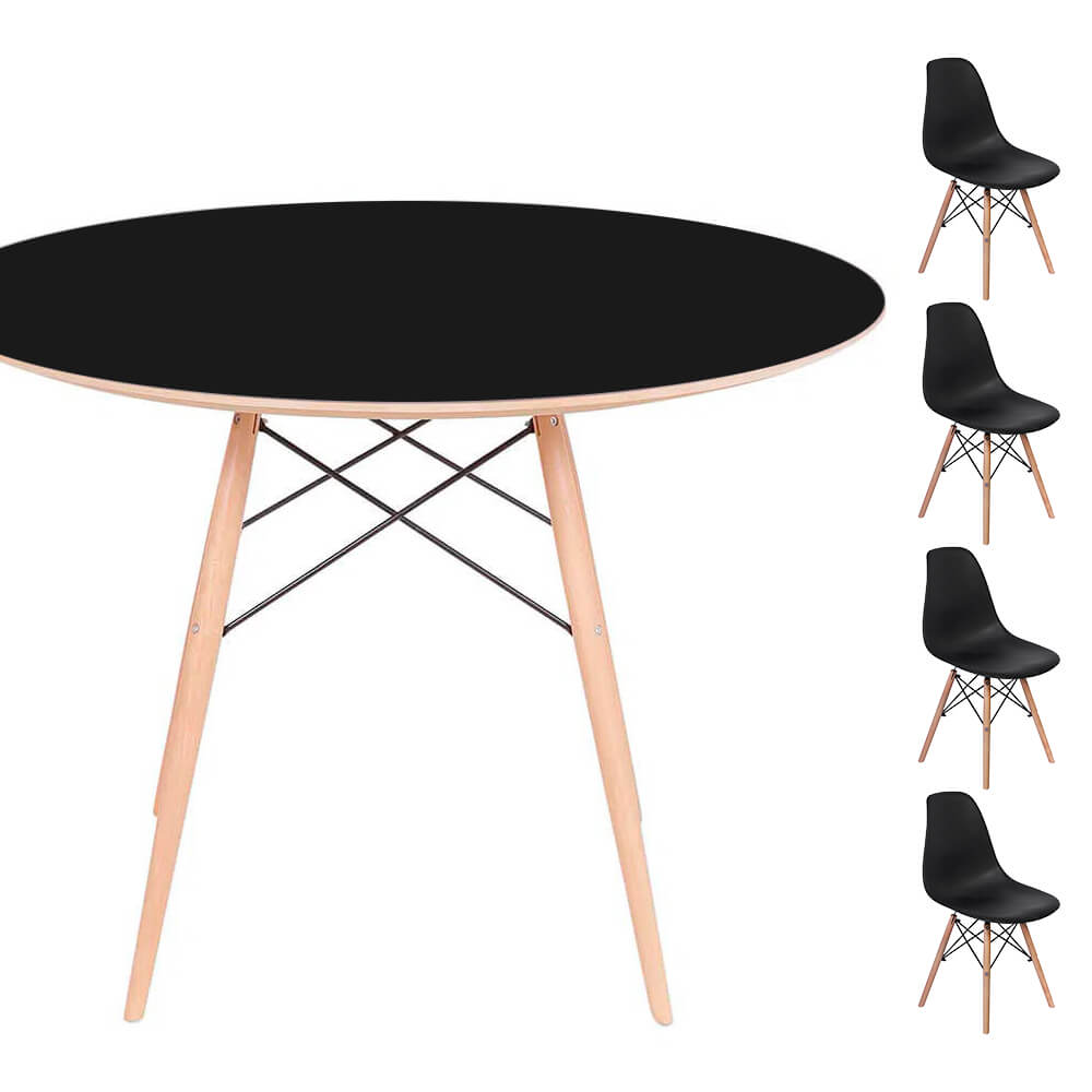 Conjunto Mesa Eames Eiffel DSW Redonda Preta 90cm + 4 Cadeiras Eames DSW - Preta