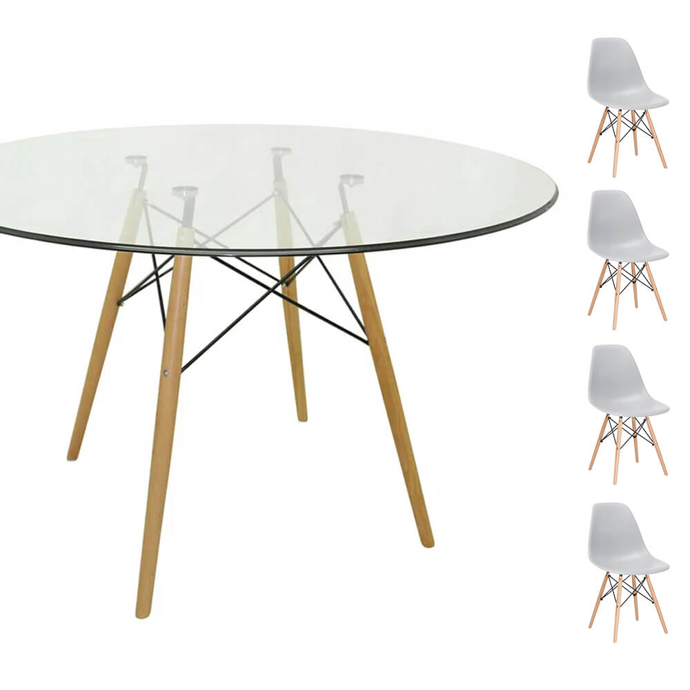 Conjunto Mesa Eames Eiffel Redonda Vidro 120cm + 4 Cadeiras Eames DSW - Cinza