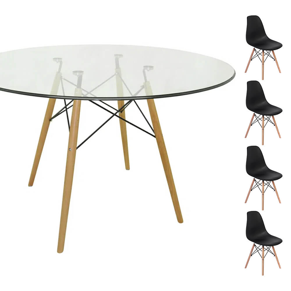 Conjunto Mesa Eames Eiffel Redonda Vidro 120cm + 4 Cadeiras Eames DSW - Preta