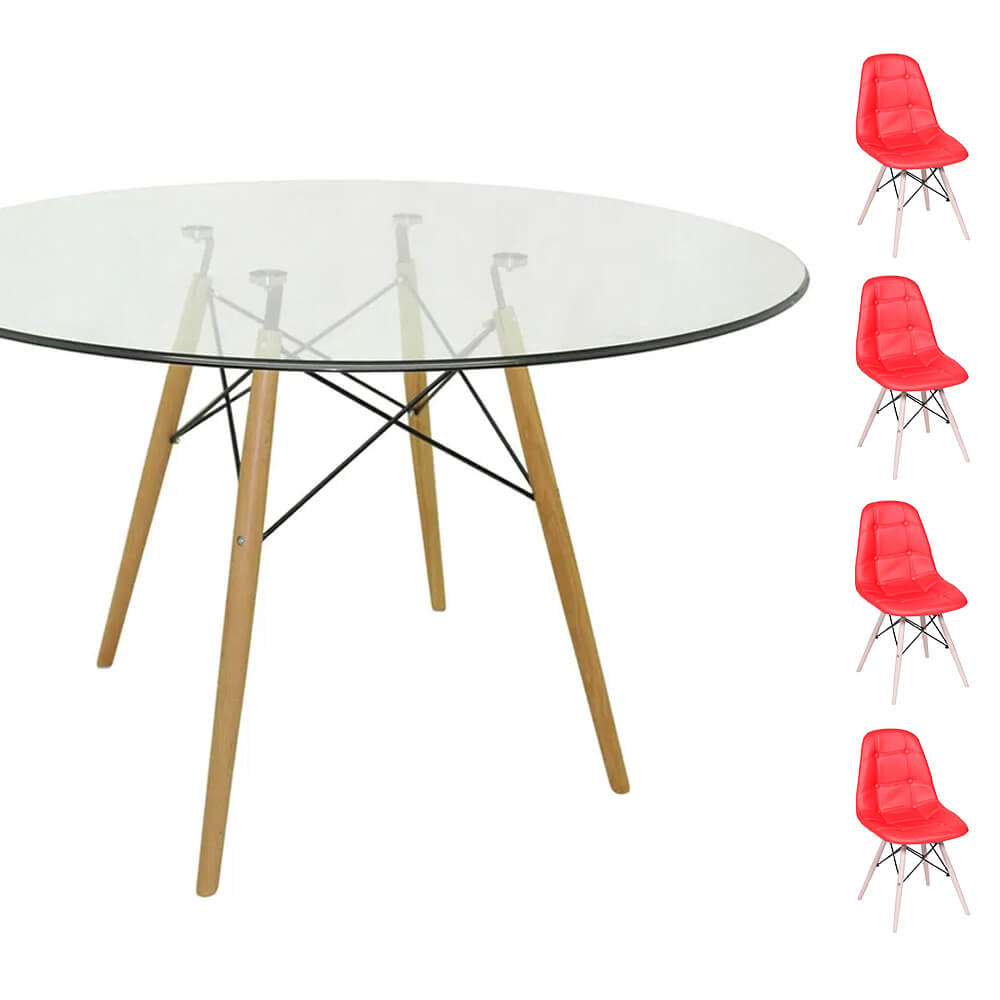 Conjunto Mesa Eames Eiffel Redonda Vidro 120cm + 4 Cadeiras Eames DSW Botonê - Vermelha