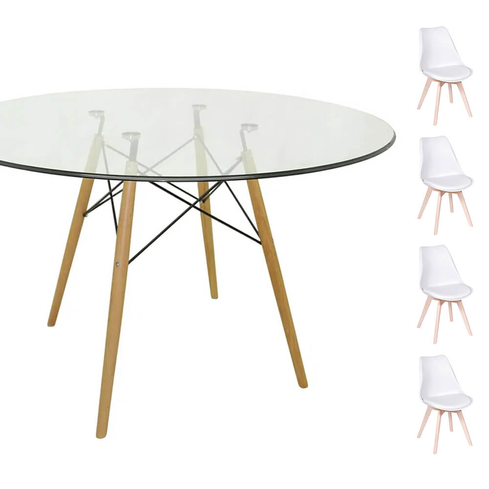 Conjunto Mesa Eames Eiffel Redonda Vidro 120cm + 4 Cadeiras Saarinen Wood - Branca