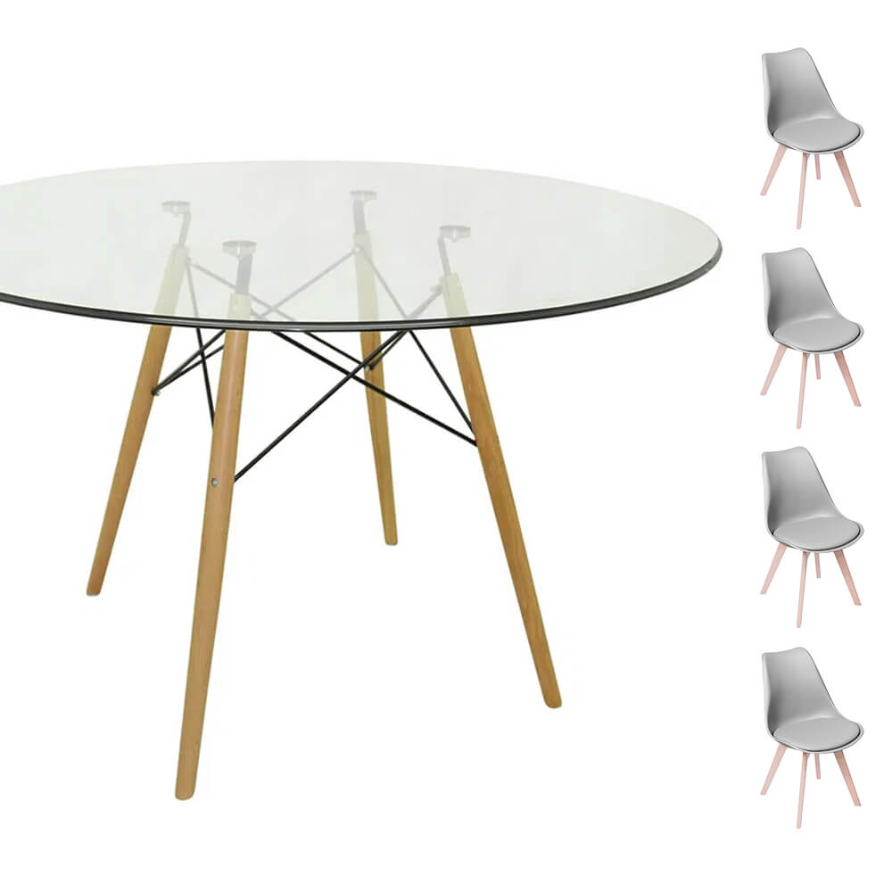 Conjunto Mesa Eames Eiffel Redonda Vidro 120cm + 4 Cadeiras Saarinen Wood - Cinza
