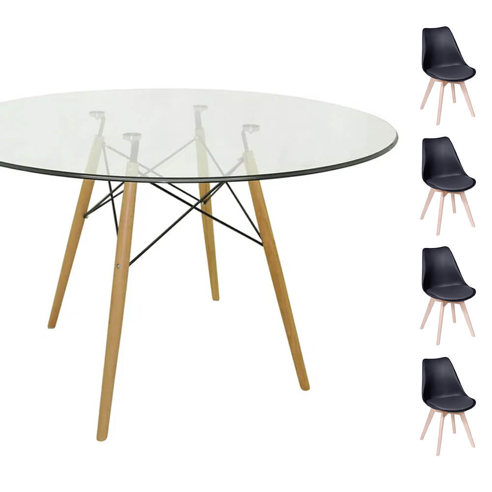 Conjunto Mesa Eames Eiffel Redonda Vidro 120cm + 4 Cadeiras Saarinen Wood - Preta