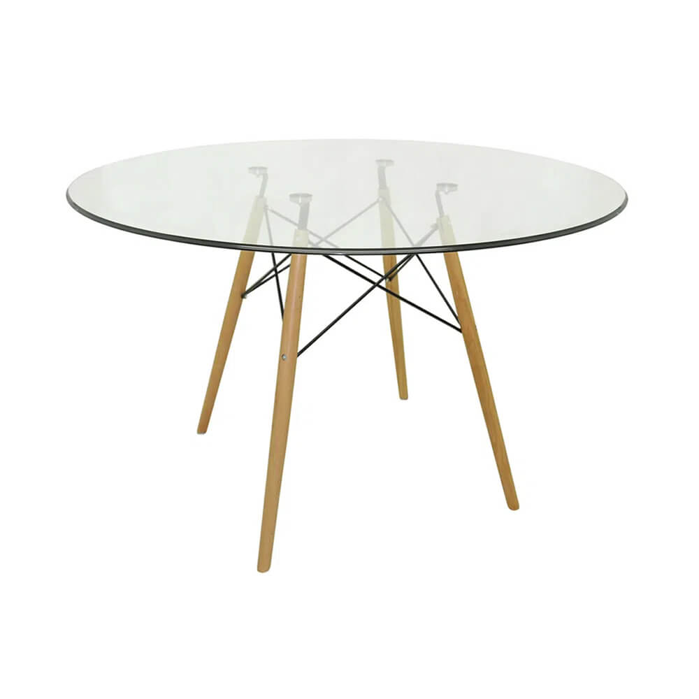 Conjunto Mesa Eames Eiffel Redonda Vidro 90cm + 4 Cadeiras Eames DSW - Amarela