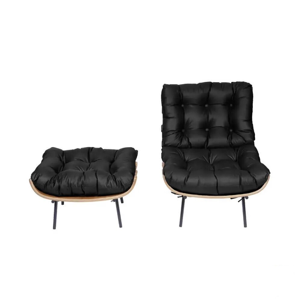 Conjunto Poltrona Costela com Puff PU - Preto