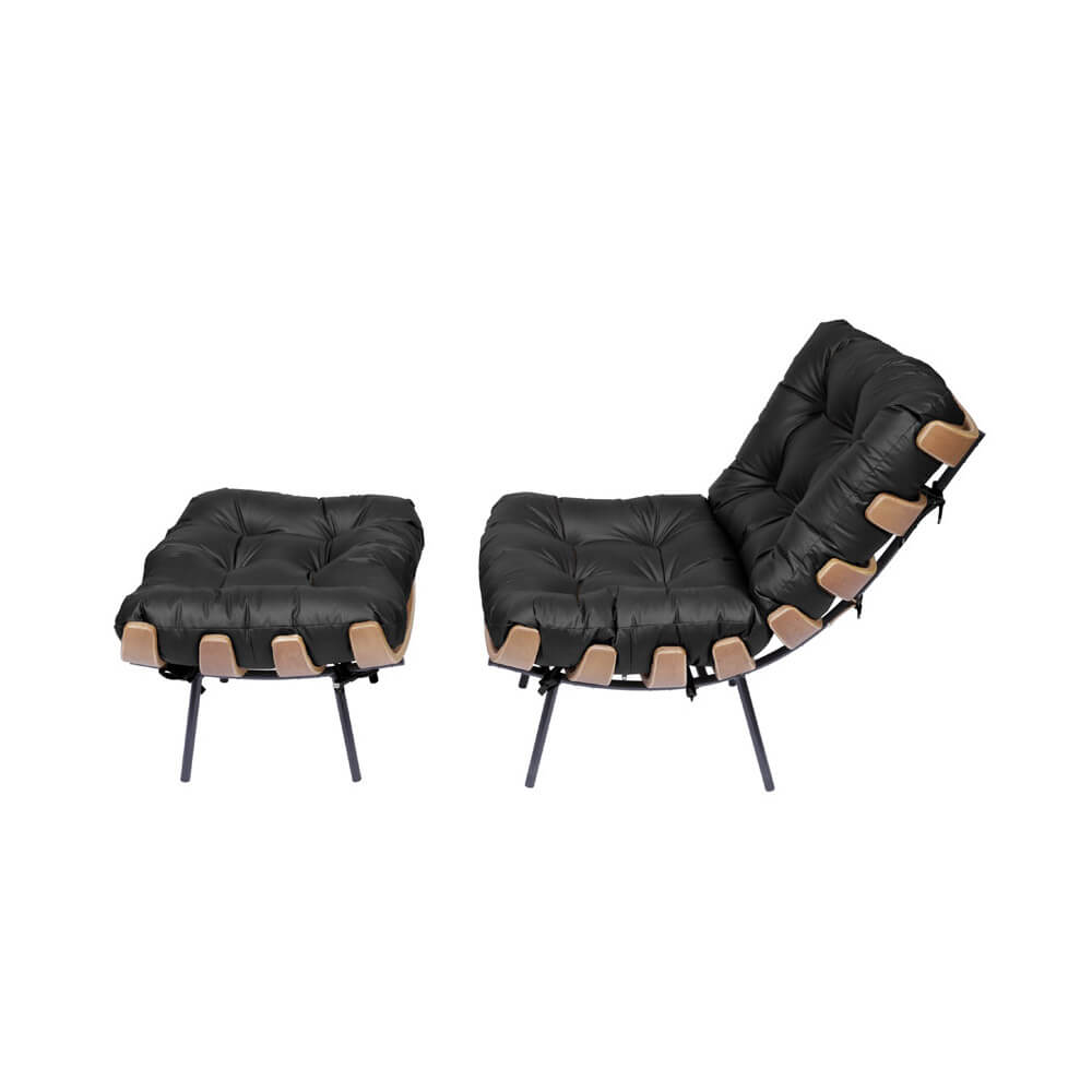 Conjunto Poltrona Costela com Puff PU - Preto
