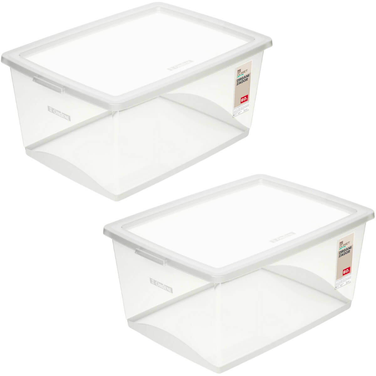 2 Caixas Organizadoras Plástica 60L Tampa My Closet Ordene Transparente Empilháveis