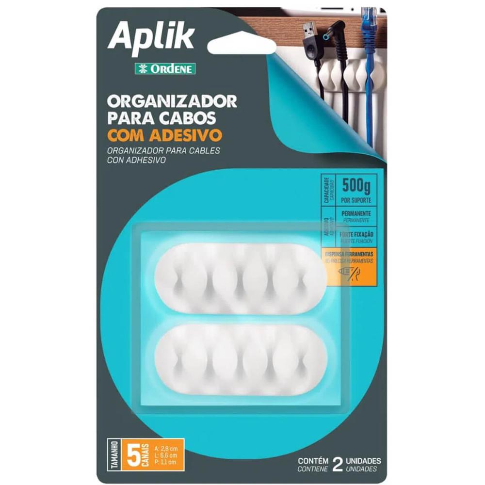 2 Organizador de 5 Cabos e Fios Adesivo Emborrachado Branco Ordene 6,5cm Aplik