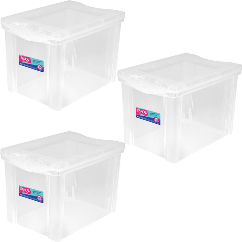 3 Caixas Organizadoras Ordene com Tampa Click 30L 42,5x30,5cm Incolor