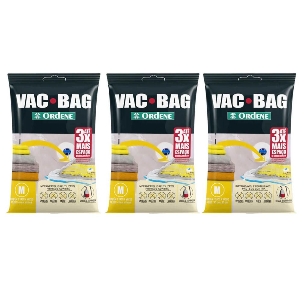 3 Sacos Ordene Vac Bag para Roupas Médio 45x65cm A Vácuo Polietileno Reutilizável