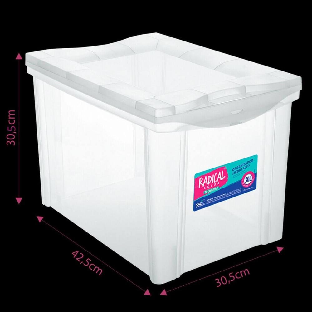 Caixa Organizadora Plástica Alta 30L Transparente Ordene Radical Color Organize Brinquedos Closet