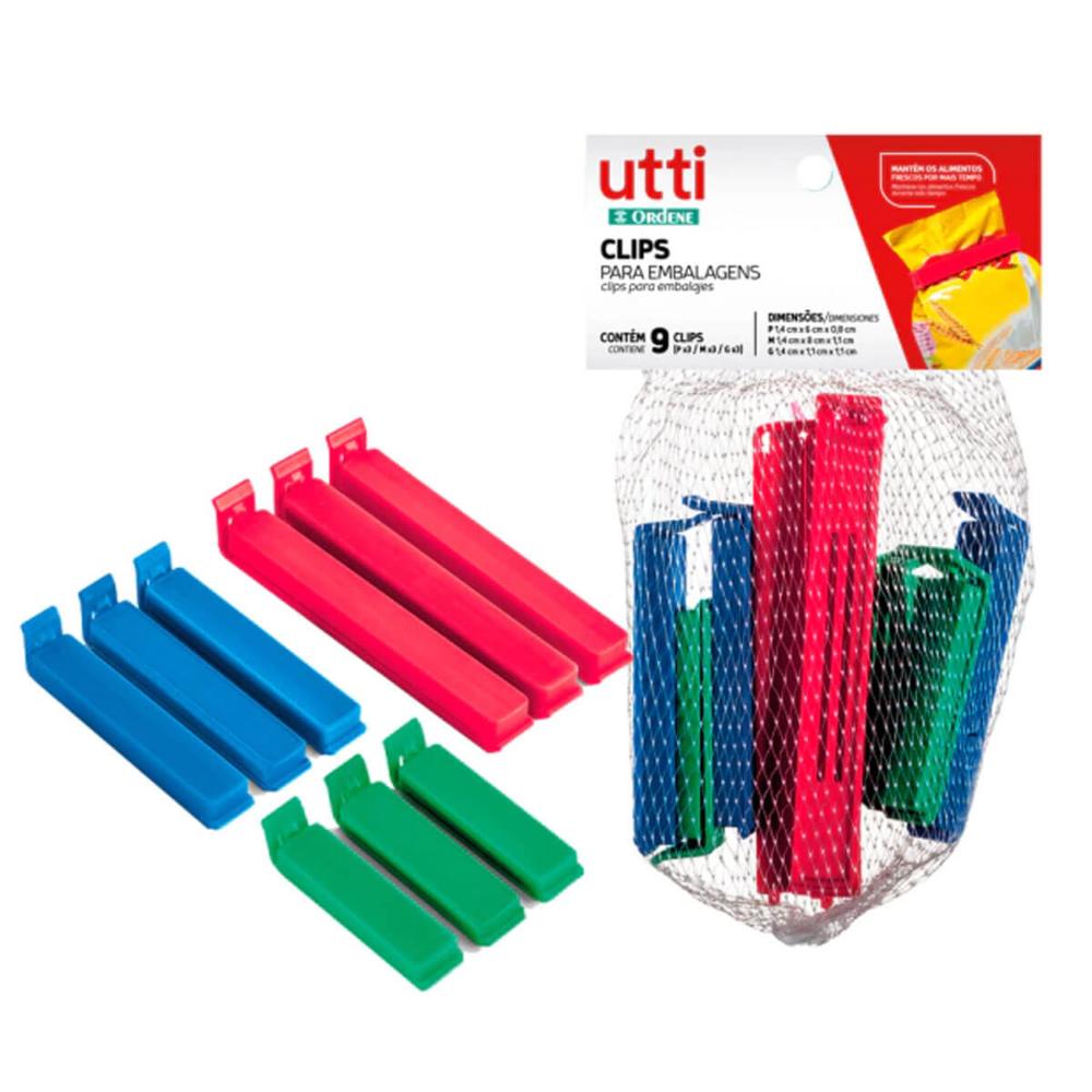 Conjunto com 9 Clipes Plásticos P M G Prendedores para Alimentos Ordene Coloridos