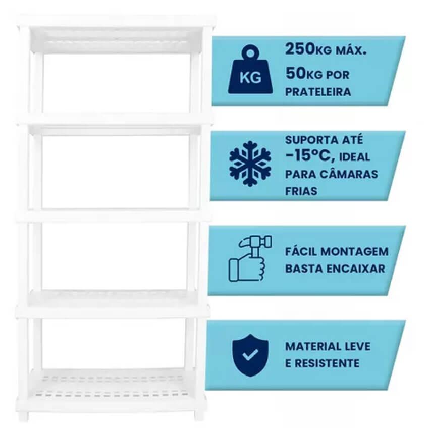 Estante Modular Plástica 5 Prateleiras Câmara Fria Até 250kg Multiuso Ordene Branca