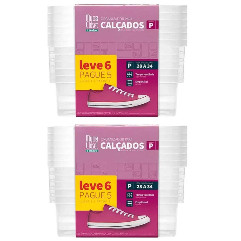 Kit 12 Caixas de Sapato Ordene Pequena 28 a 34 Empilhável Transparente