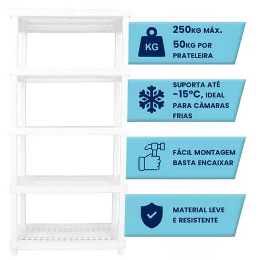 Kit 2 Estantes Modular 5 Prateleiras Câmara Fria Até 250kg Multiuso Ordene Branca Plástica