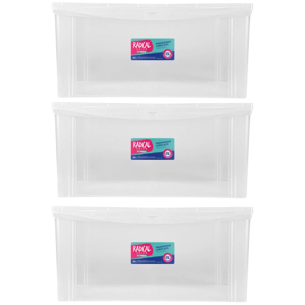 Kit 3 Caixas Máxi Organizadoras 65L Tampa com Trava Radical Incolor Multiuso