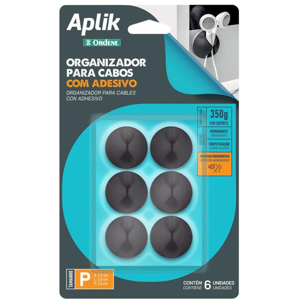 Organizador Emborrachado de Cabos Fios Adesivo Preto 6un Ordene 2,9x1,5cm Redondo